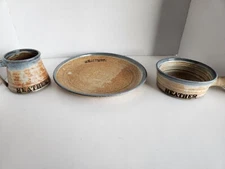 Dish Set Art Pottery Coffee Mug Plate Bowl  Earth Tones Name Stamped "Heather"