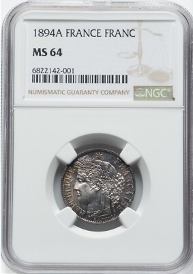 FRANCE REPUBLIC 1894-A 1 FRANC COIN, CHOICE UNCIRCULATED, NGC