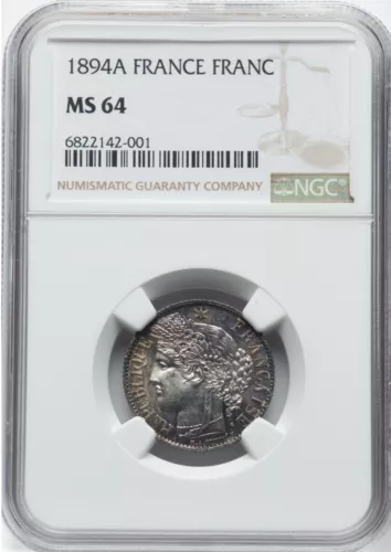 FRANCE REPUBLIC  1894-A  1 FRANC COIN, CHOICE UNCIRCULATED, NGC CERTIFIED MS64