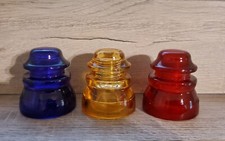 3 Vintage Glass Insulators Colorized Blue Amber & Red Large Size