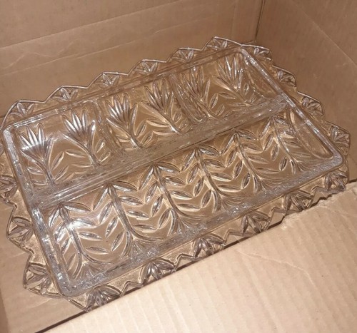 Vintage Dickes Glas dreifach geteilt Servierplatte Schale Gewürze Käse Cracker