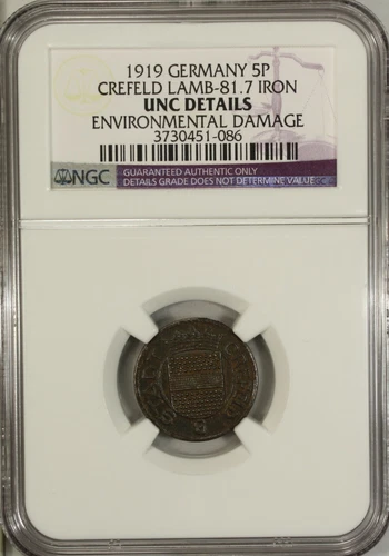 Germany 5 Pfennig 1919 NGC UNC Details City of Crefeld  Lamb-81.7 Iron