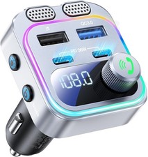 60W Bluetooth 5.4 FM Transmitter Car Adapter Reinforced Dual Mics  Silver