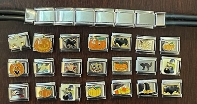 VTG Halloween Ghost Cat Witch Pumpkin Candy Corn 9mm Italian Charms + Bracelet