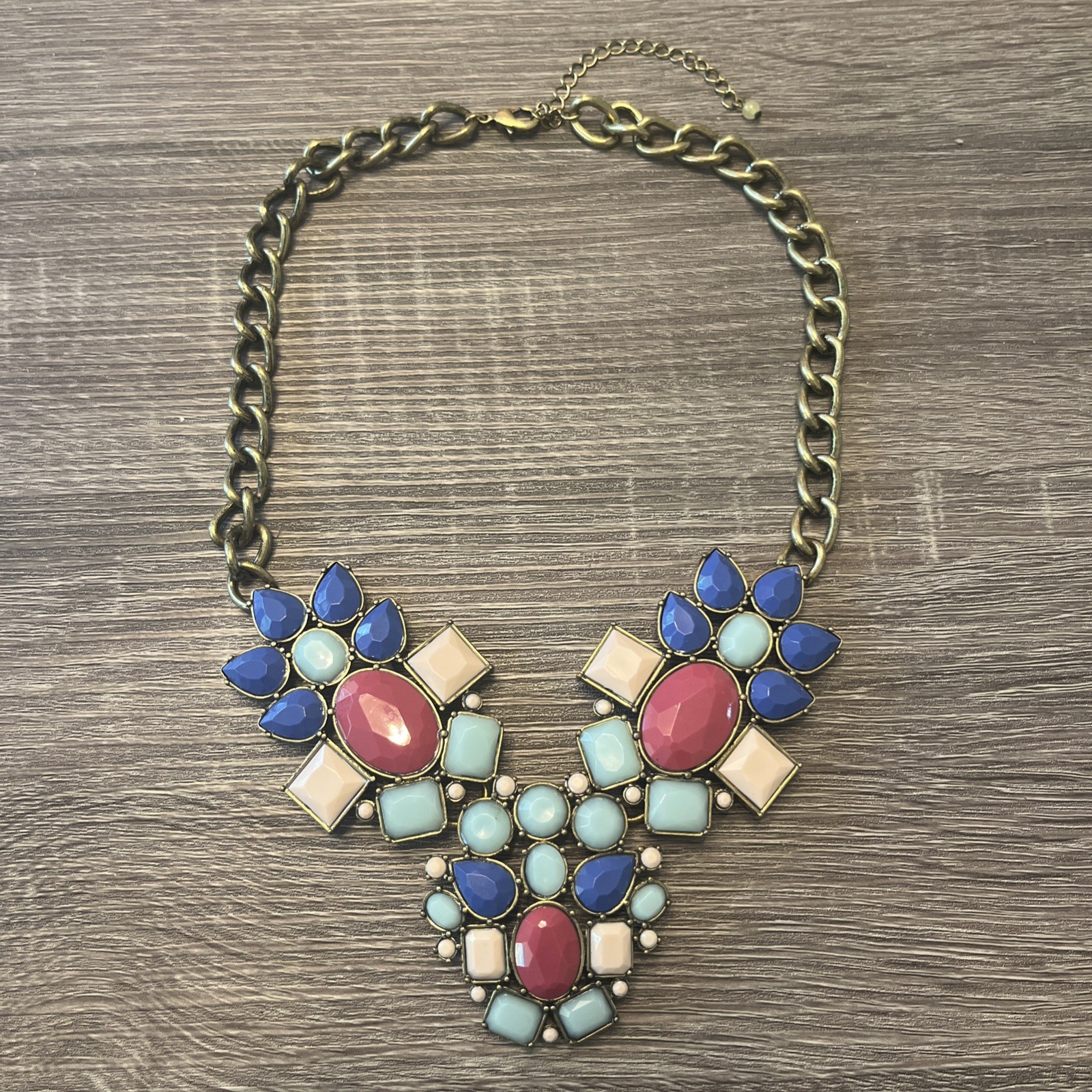 Statement Bib Necklace Blue Pink Mint Rhinestone Gold Tone Chunky Boho Collar