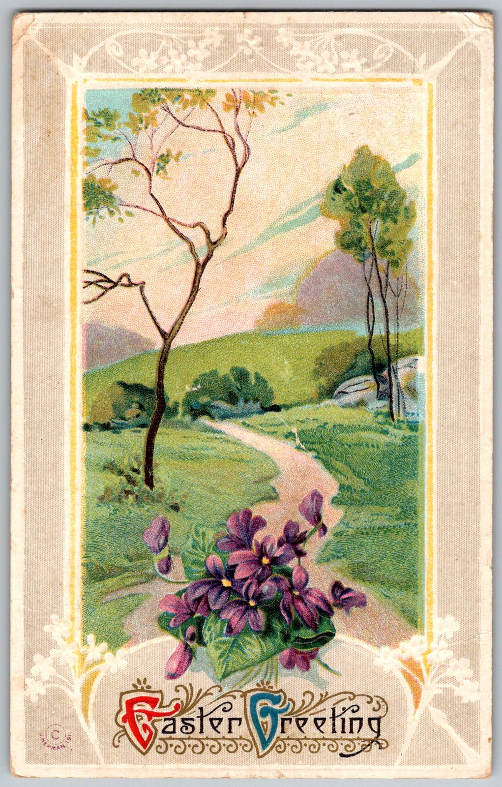 Antique Postcard Easter Violets Greeting 1910s