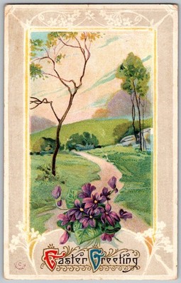 Antique Postcard Easter Violets Greeting 1910s