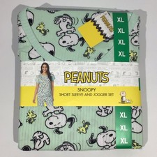 Pajama Set Women PEANUTS Snoopy 2-Piece Short Sleeve Top  Jogger Set NWT