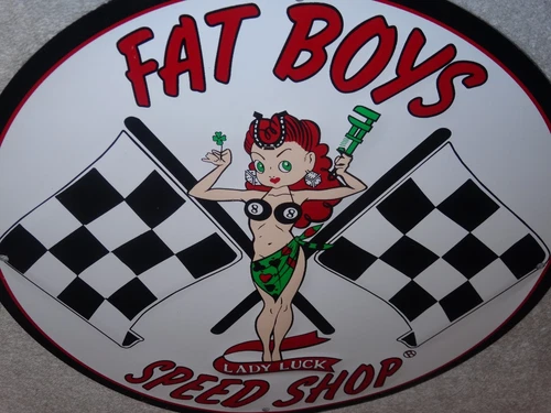 VINTAGE FAT BOYS SPEED SHOP 11 3/4" EMBOSSED METAL GASOLINE OIL RACING FLAG SIGN