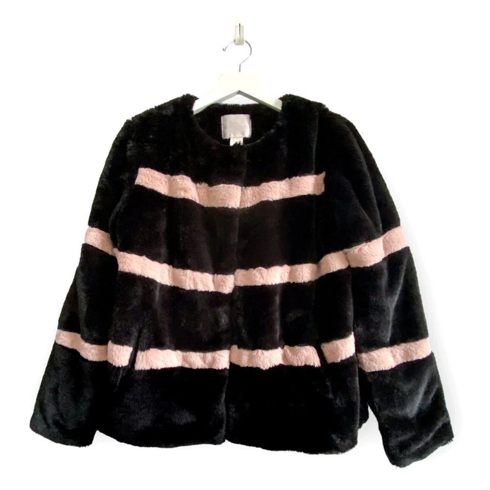 Rachel Parcell Stripe Faux Fur Jacket Black Pink Smoke S - Image 4 of 4
