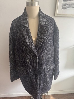 Dawn Levy KABA Coat SZ XL Black White Tweed Brown Faux Leather Trim Wool Blend
