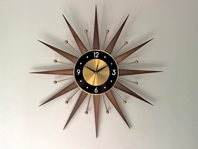 Retro Style Starburst Sunburst Wall Clock MCM Walnut Gold Black Gold Dial Silent