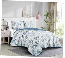 Monica 3-Piece Tropical Floral Quilt Set - Blue Queen Blue Tropical Leaves