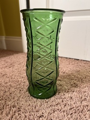 Vase Green Glass  E. O. Brody Co. Flower Cleveland USA Cross Avocado Vtg 1970s