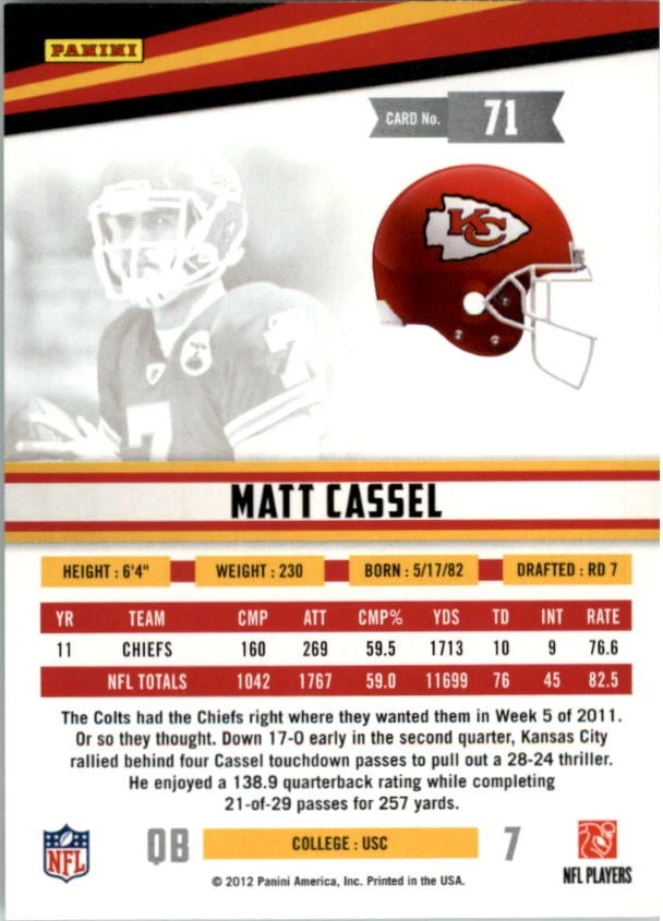 2012 Rookies and Stars True Blue #71 Matt Cassel - FB - Image 2 of 2