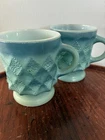Anchor Hocking Fire King Kimberly Mugs Blue Diamond Pattern Vintage Set of 2