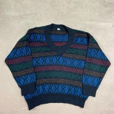 Vintage Knitted Jumper Abstract Patterned V-Neck Grandad Knit Sweater Men's L