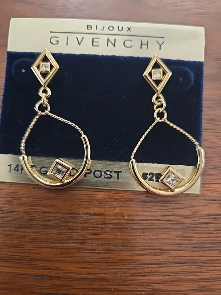 NUEVO Pendientes De Colección Años 80 Bijoux Givenchy Perforados Oro Cristal Círculo Gota 14K Post Foto 2 de 3