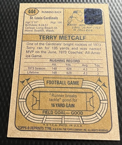 2001 Topps Legends Terry Metcalf Cardinals On-Card Rookie RP Autograph Auto - Picture 2 of 4