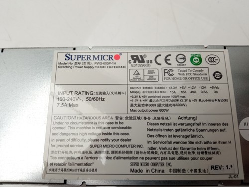 SuperMicro 600W 1U Server Power Supply Unit PWS-605P-1H - Zdjęcie 2 z 3