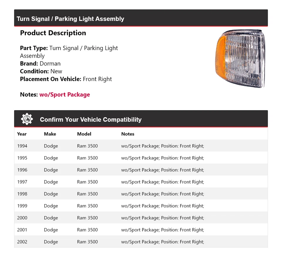 Conjunto de luz de giro/estacionamiento delantera derecha 1995 para Dodge Ram 3500 Dorman 1994-2002 Foto 2 de 4