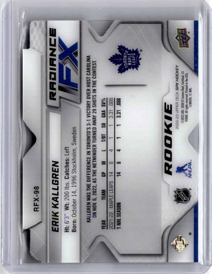 2022-23 SPx Radiance FX Red Erik Kallgren Hockey Card 090/249 Toronto Maple - Image 2 of 2