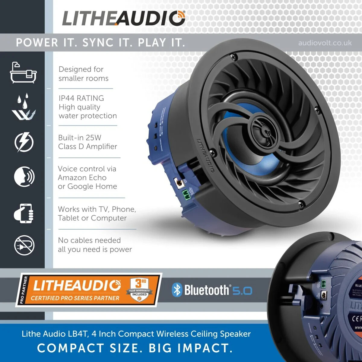 Lithe Audio LBT4 4"" Wireless Bluetooth Ceiling Speaker Kitchen Bathroom Single