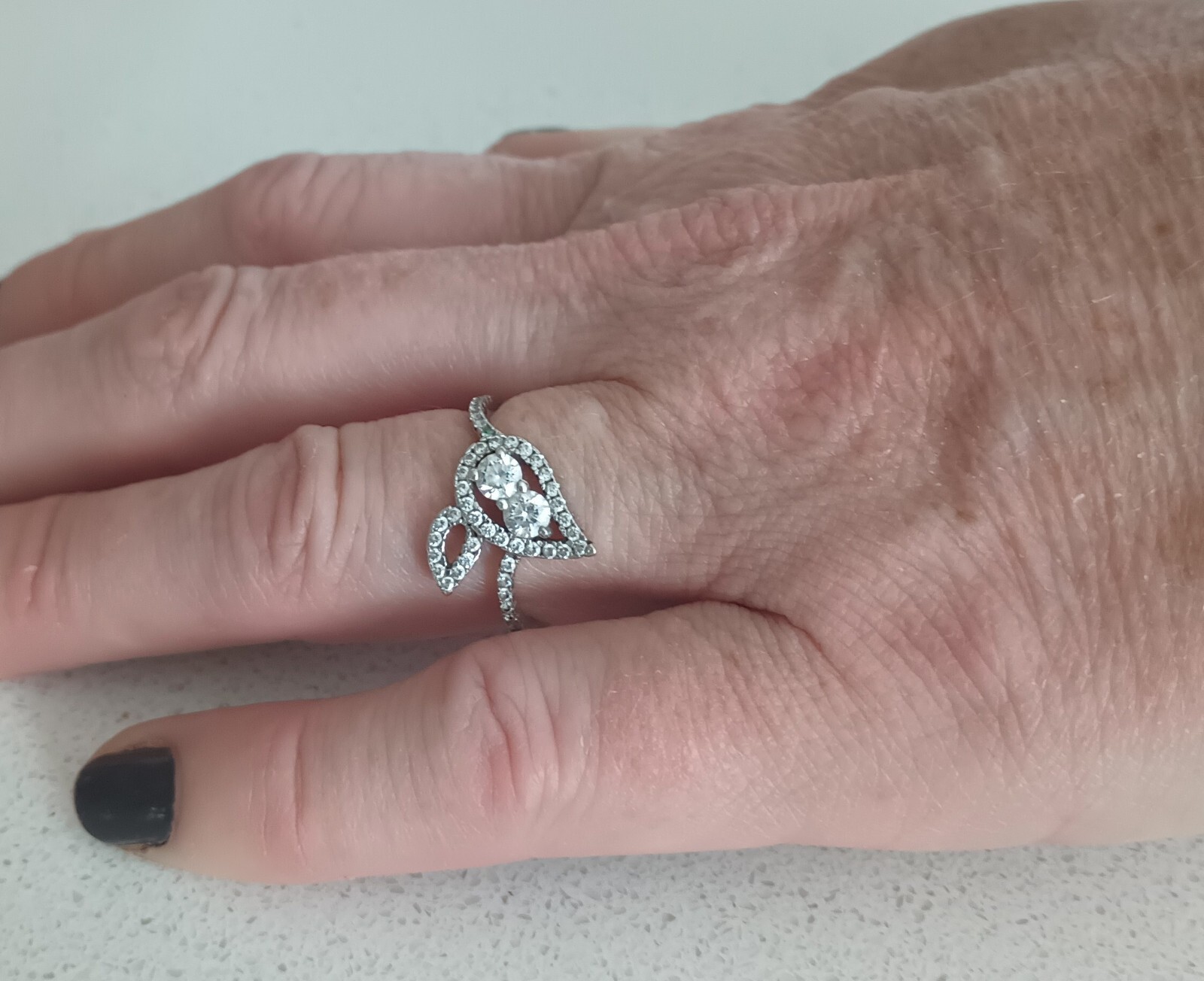 Delicate Silver Leaf Ring with Two Clear Stones, … - image 3