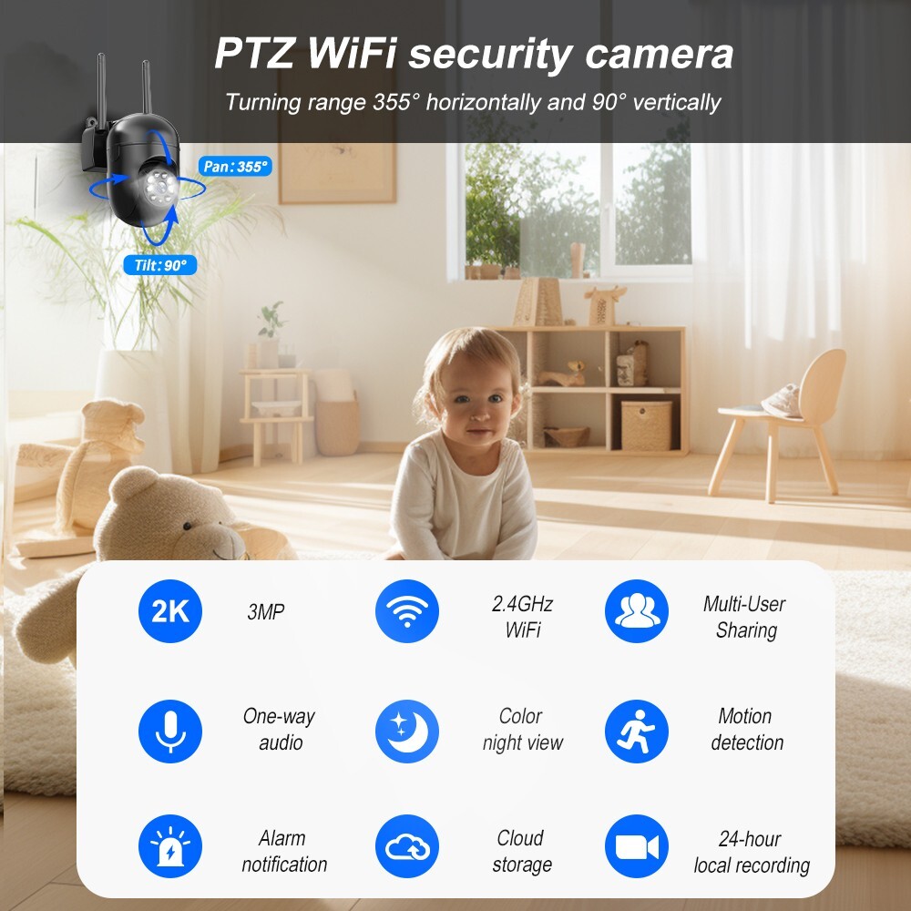 5MP PTZ WIFI Home Security Camera Wireless 2.4GHz Color Night Vision 2-Way Audio