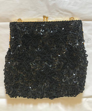 Vintage Purse Clutch Handbag Made In Hong Kong Black Beaded Sequins Evening Bag