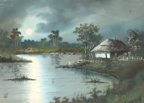 Antique realist gouache painting lake house landscape