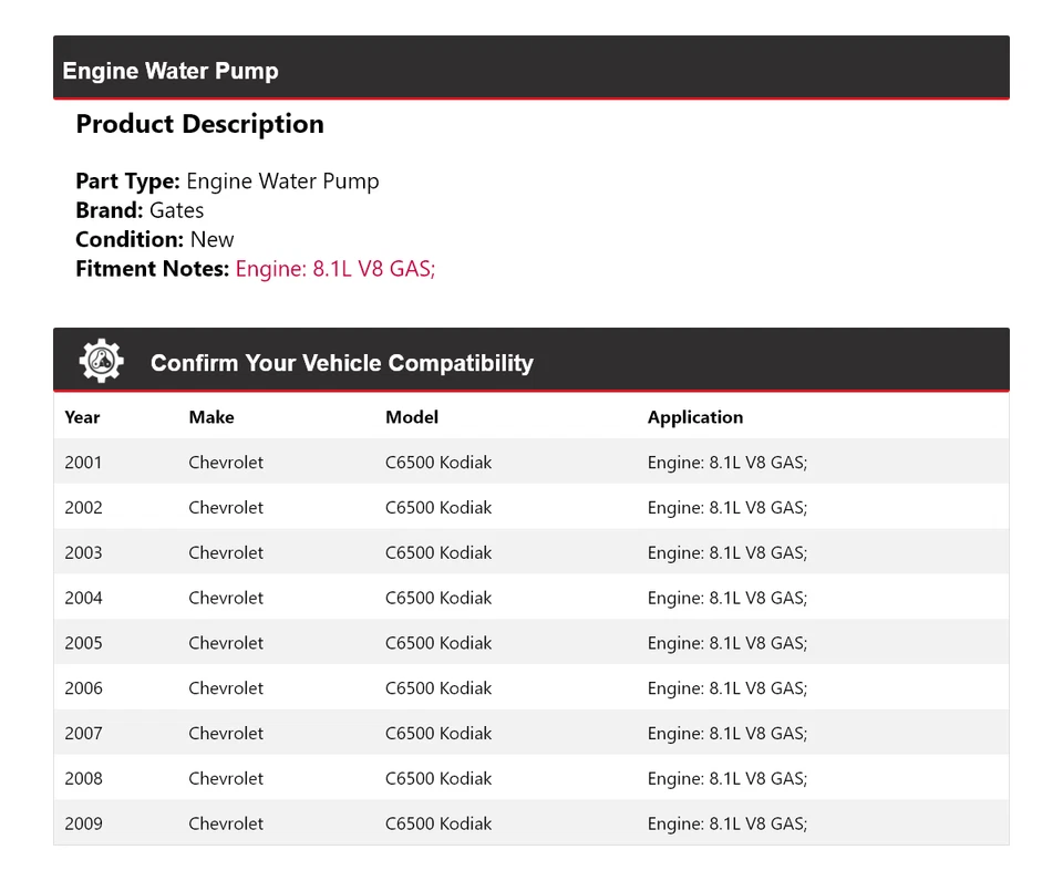 Para Chevrolet C6500 Kodiak 2001-2009 8,1 L V8 motor de gas bomba de agua puertas 2002 Foto 2 de 4