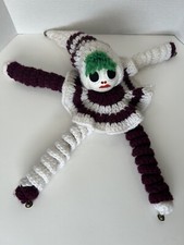 Yo Yo Clown Jester Doll 24" Handmade Crochet w Bells White Purple Vintage 70s