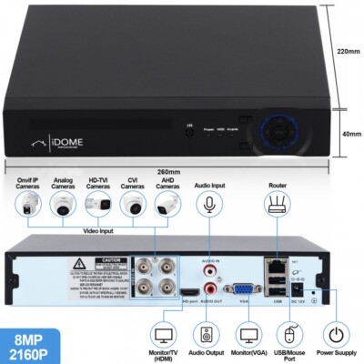 IDOME CCTV HEIMSICHERHEIT 4 Kanal 5 IN 1 DVR ULTRA HD 4K 8MP KAMERA KIT UK