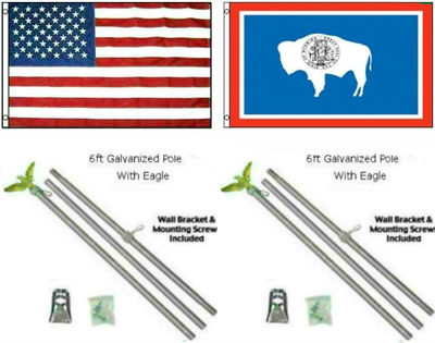 3x5 USA American & State of Wyoming Flag Galvanized Pole Kit Top 3'x5'