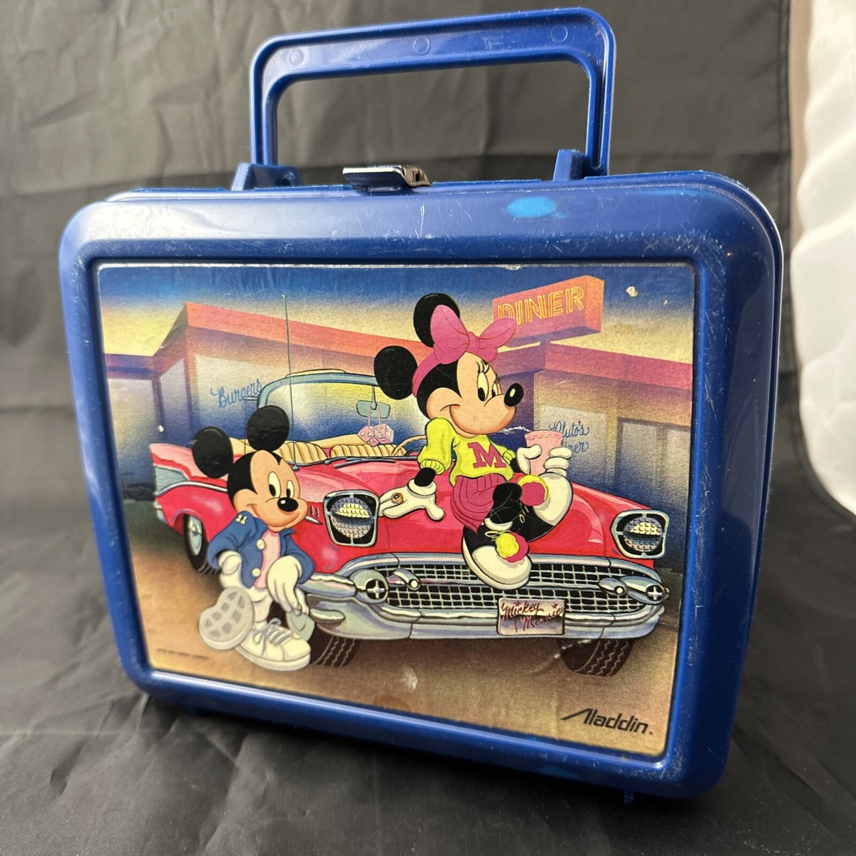 Walt Disney Vintage Plastic Blue Lunch Box Mickey and Minnie Mouse