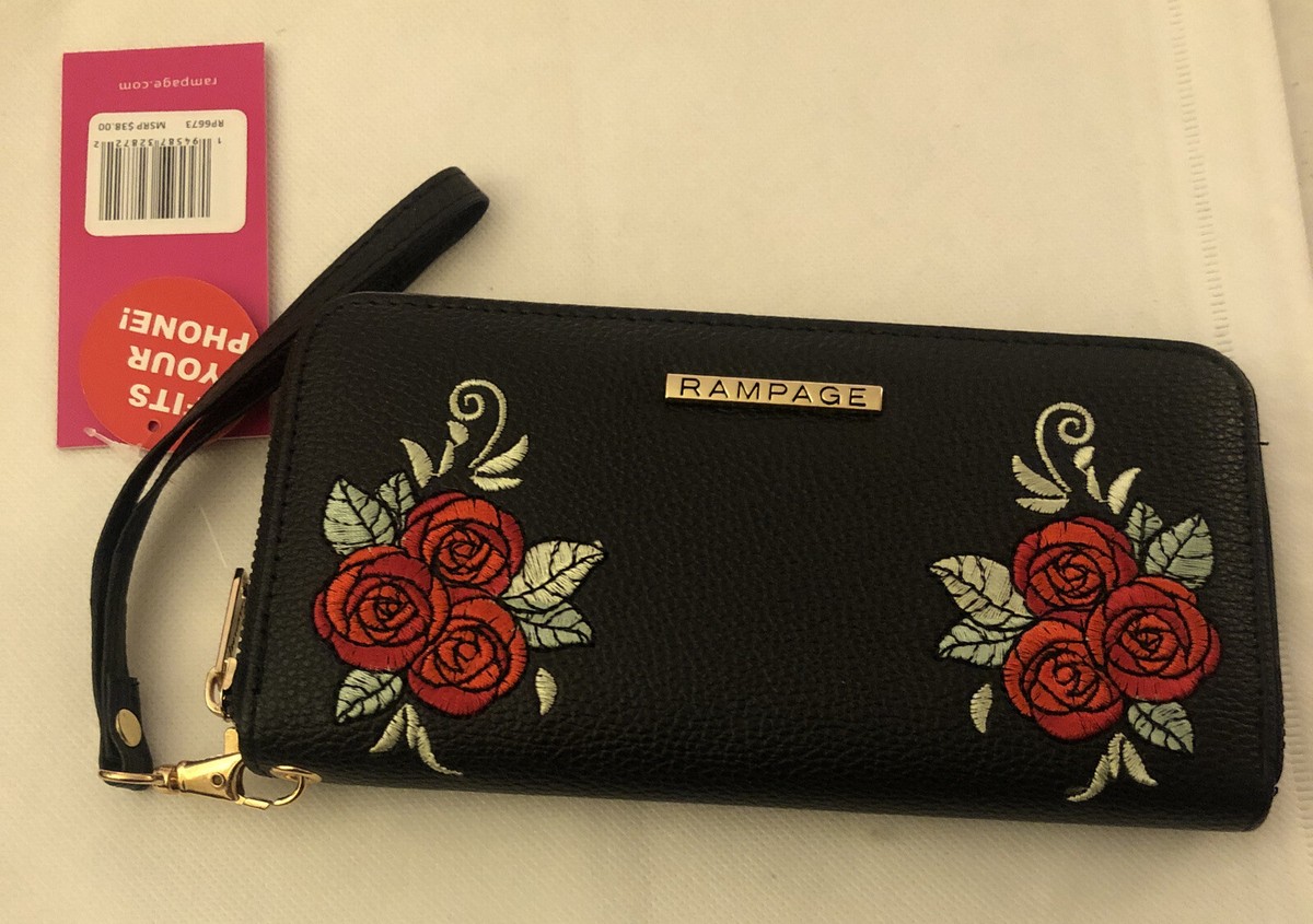 Rampage Pebbled Black Faux Leather Embroidered Roses Wallet