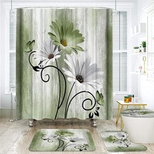 4PCS Grass Green Daisy Flowers Butterfly Shower Curtain Set,arpet and Accessorie