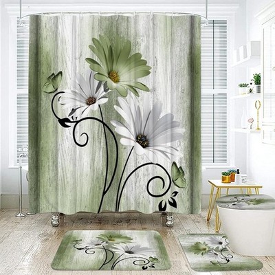 4PCS Grass Green Daisy Flowers Butterfly Shower Curtain Set,arpet and Accessorie