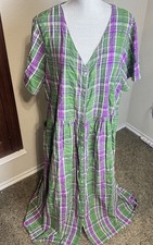 Vintage Plaid Maxi Dress Green Purple Cottagecore Pearl Snap Prairie Cotton 1X