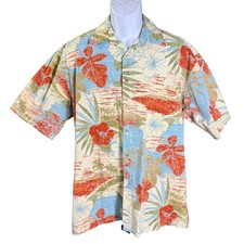 Pierre Cardin Button Up Shirt Mens Large Multi Color Tropical Hibiscus Cotton