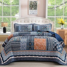 Navy Blue Quilt Set King Size,Bohemian Patchwork Bedspread Coverlet Set, Reve...