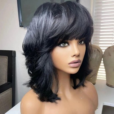 Black Layered Cut Human Hair Wig with Bangs Brazilian Remy Full Machine