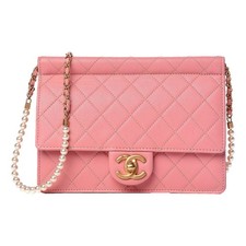 Chanel Pink Quilted Lambksin Pearl Chain Crossbody Handbag
