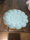 Vtg Anchor Hocking Delphite Blue Deviled Egg Serving Plate Glass GoldTrim Easter