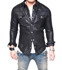 Men's Leather Shirt Real Lambskin Black Biker Leather Fashion Shirt Jacket