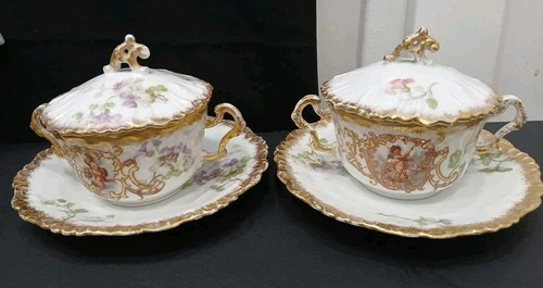 Vintage Limoges Porcelain Bouillon Or Cream Soup Cups & Saucers w/ Lids - 2 Sets