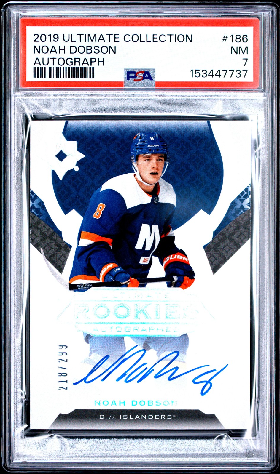 2019 UPPER DECK ULTIMATE COLLECTION AUTO #186 NOAH DOBSON 218/299 PSA 7