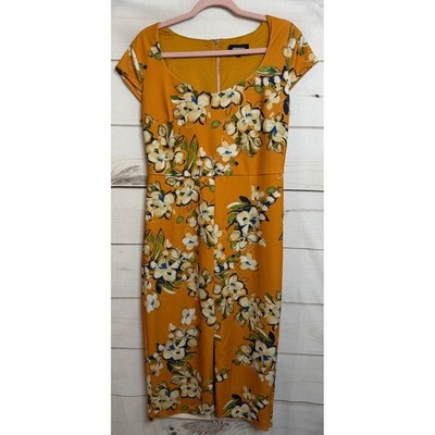 Alexia Admor Mustard Yellow Floral Sheath Dress Cap Sleeve Midi Gold Zip D5094 M