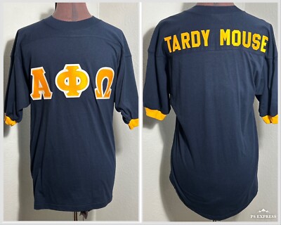 Alpha Phi Omega APO Shirt Varsity Letters  Tardy Mouse  Blue Gold Jersey Medium